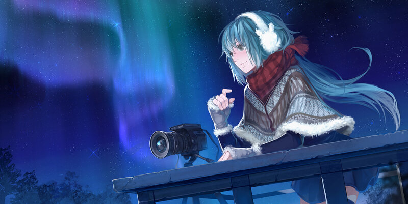 Anime Girl with Camera — Blue, Serene, Night