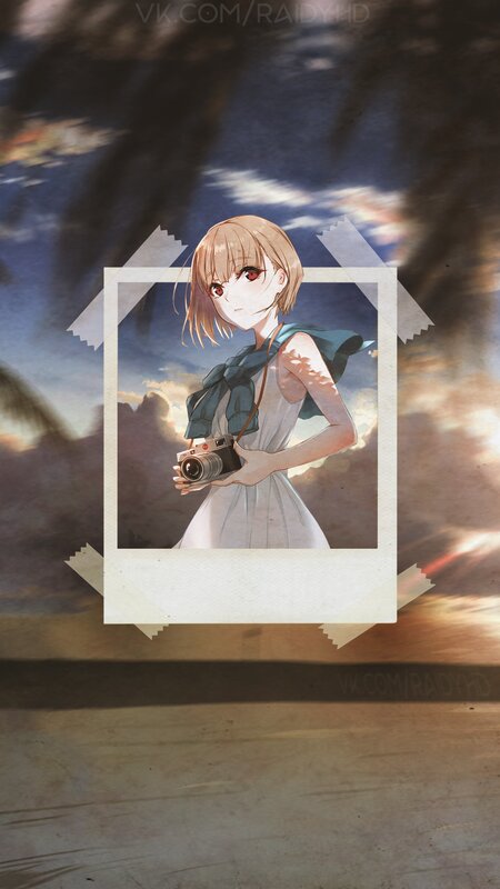 Anime Girl with Camera — Blue, Serene, Sunset