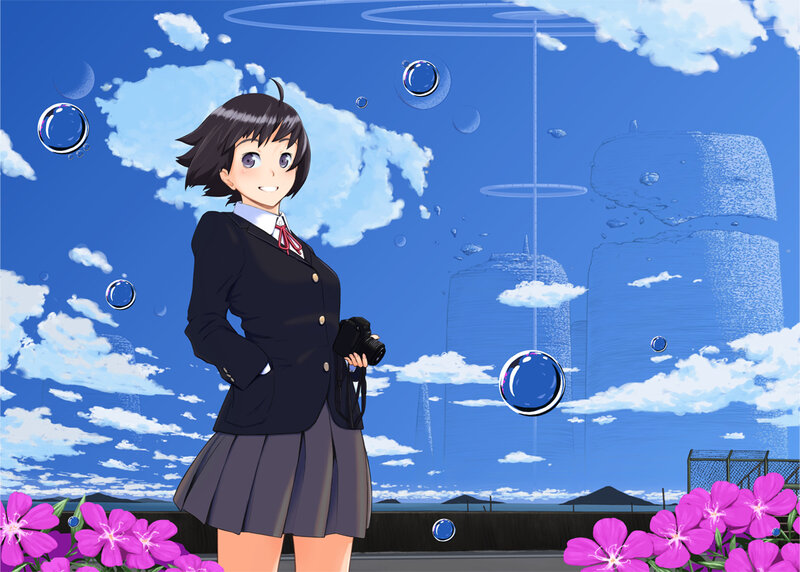 Anime Girl with Camera — Blue, Serene