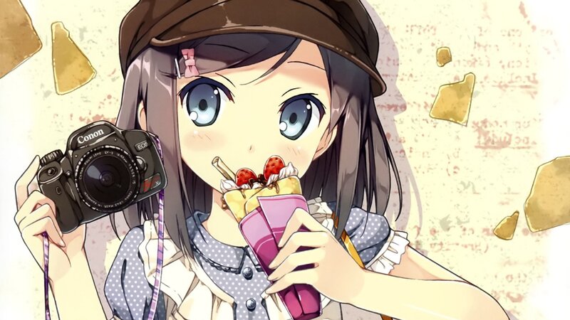 Anime Girl with Camera — Brown, Cheerful, Dessert