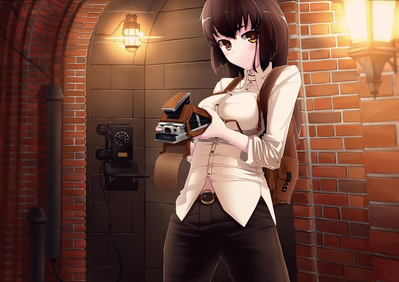 Anime Girl with Camera — Brown, Dramatic, Night, Digital Art