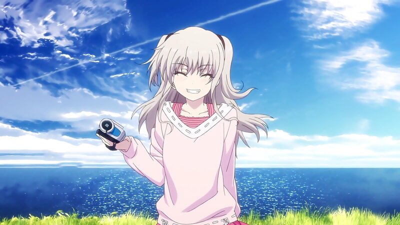 anime girl with camera by sea