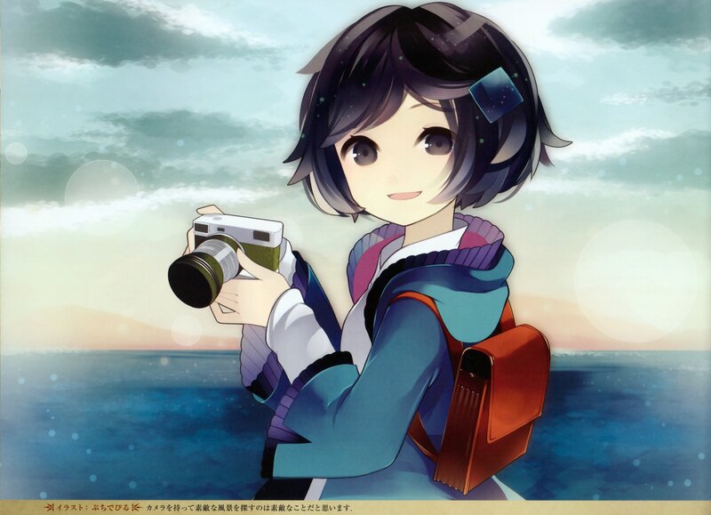 Anime girl with camera by the sea