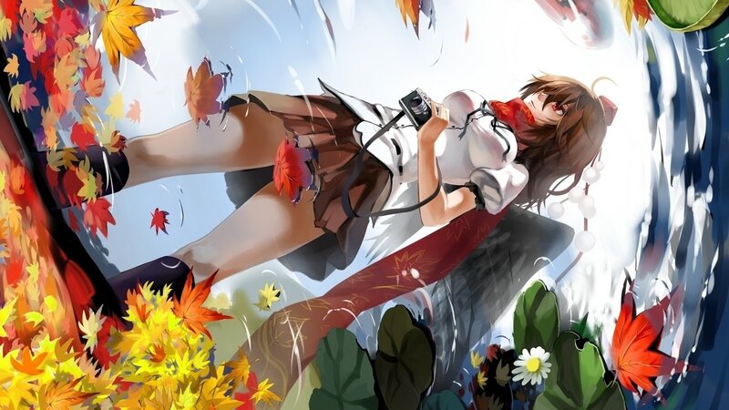 anime girl with camera in autumn