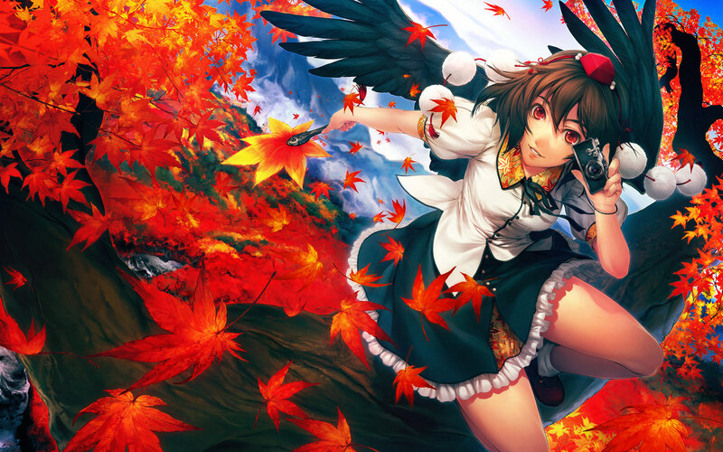 Anime girl with camera in autumn