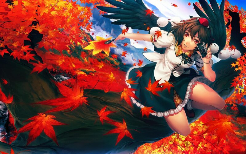 Anime girl with camera in autumn