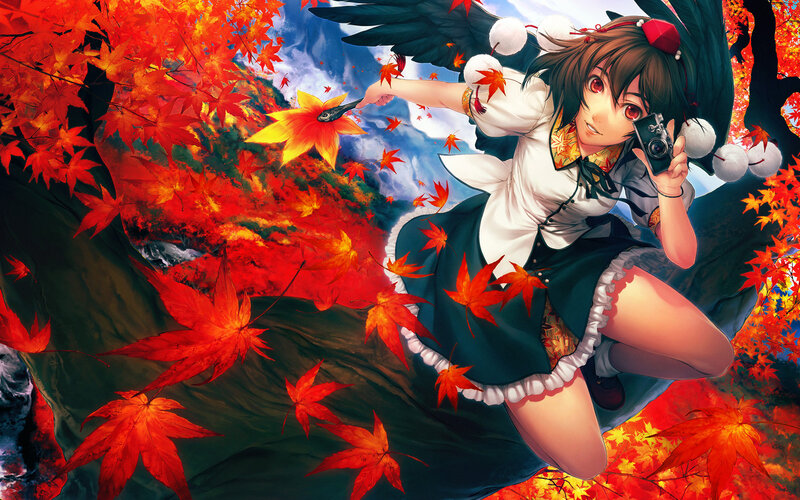 Anime girl with camera in autumn