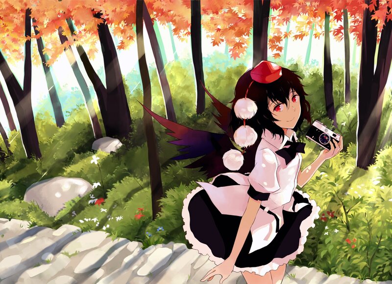 Anime girl with camera in autumn forest