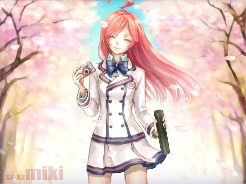 Anime girl with camera in cherry blossoms