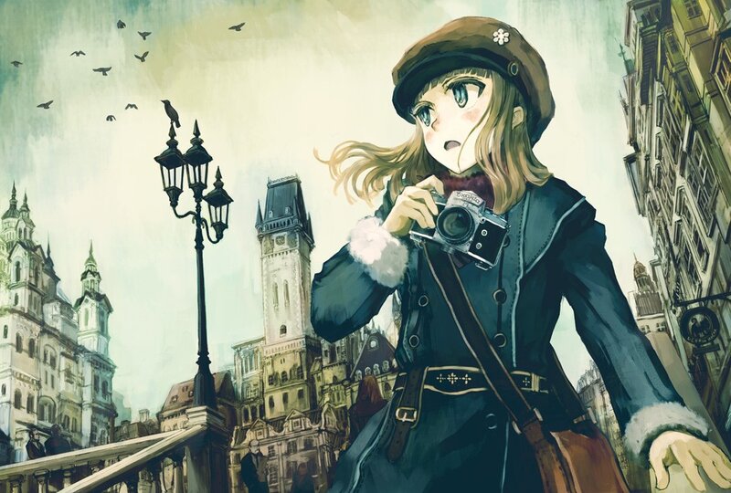 anime girl with camera in city