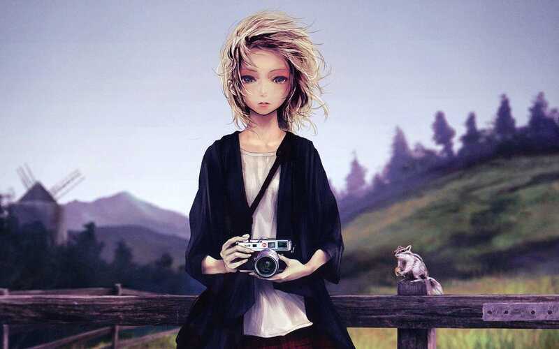 Anime girl with camera in countryside