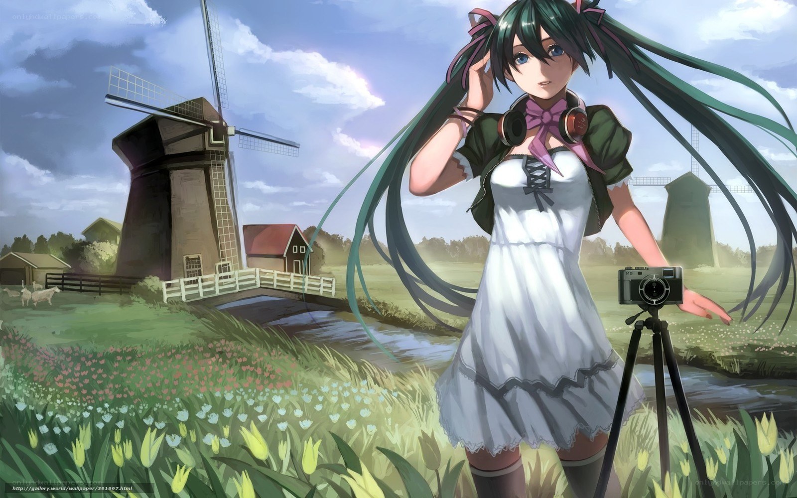 Anime girl with camera in field