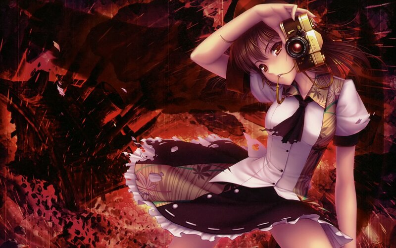 anime girl with camera in ruins