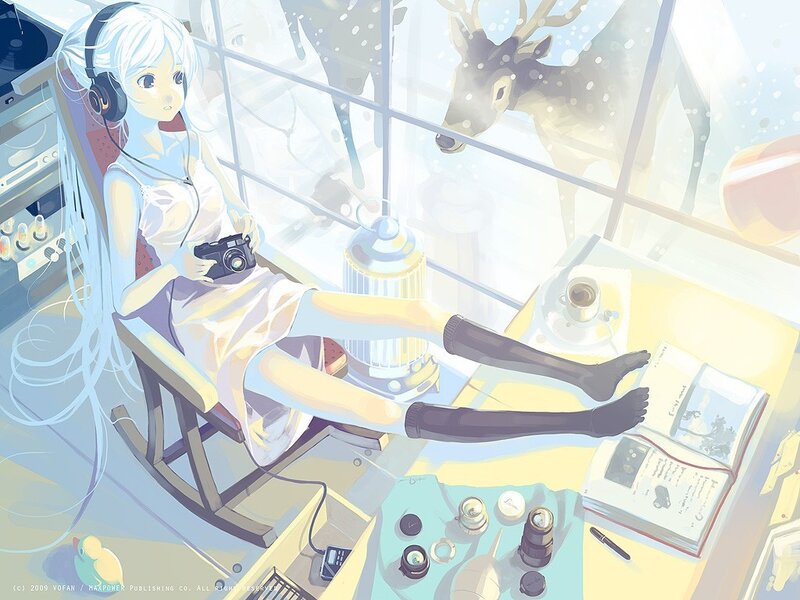 Anime girl with camera in sunlit room