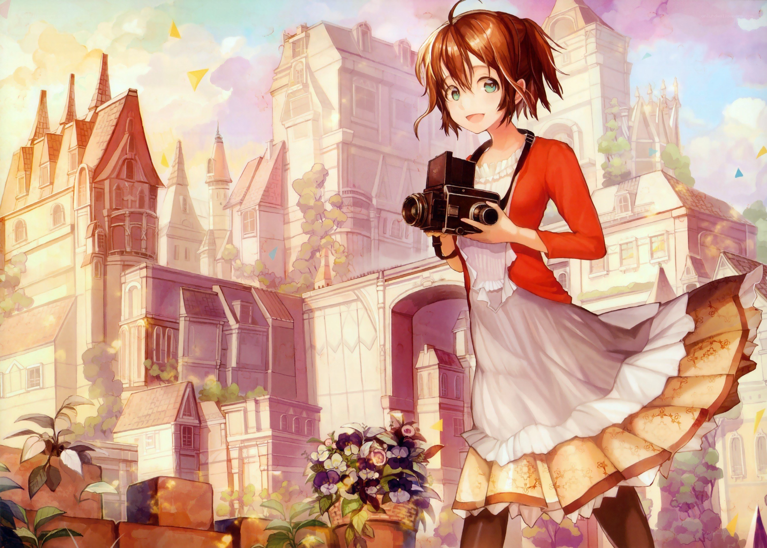anime girl with camera in town