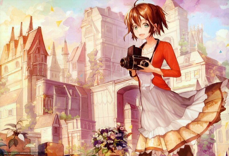 Anime girl with camera in town