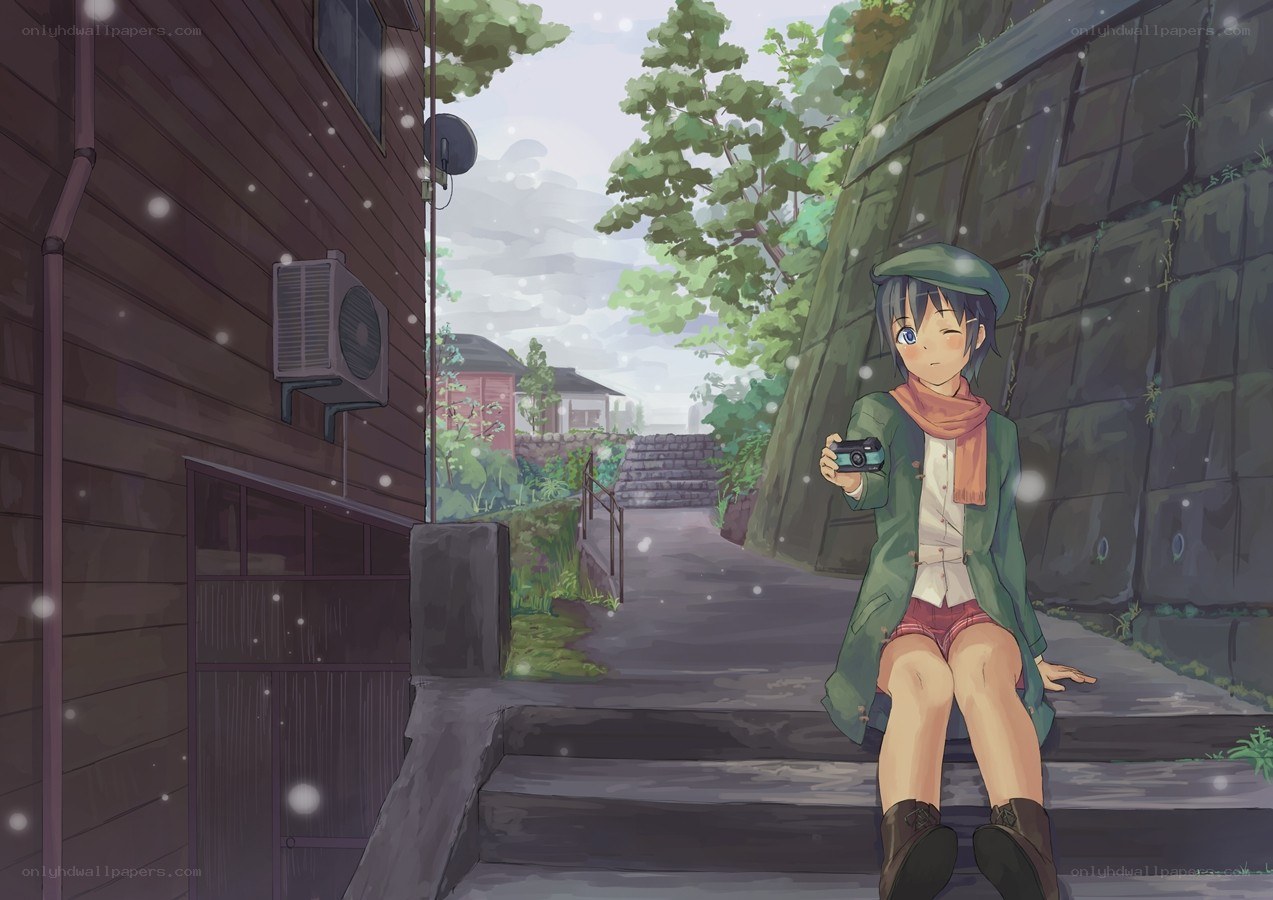 Anime girl with camera on steps