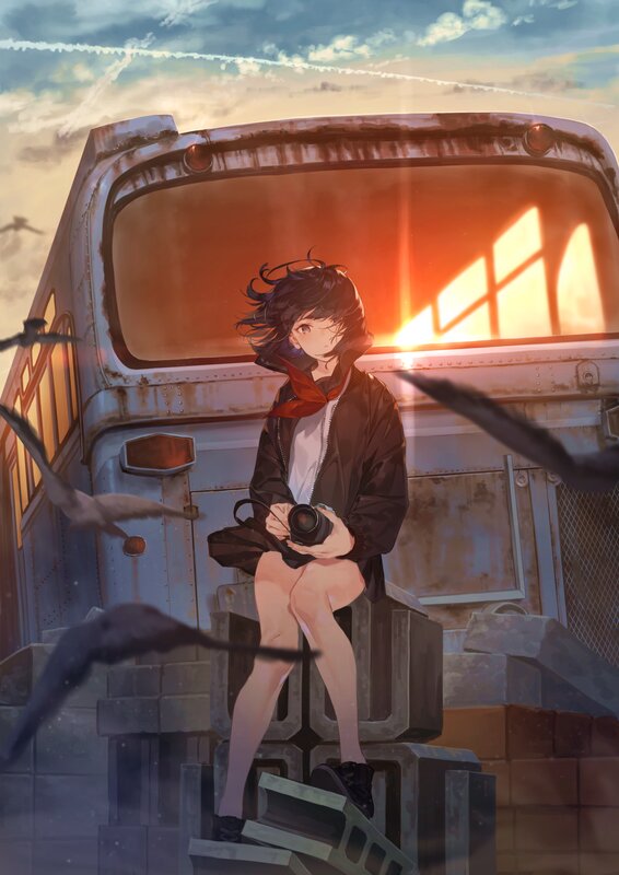 Anime Girl with Camera — Orange, Dramatic, Sunset, Digital Art