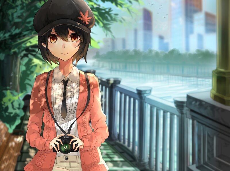 Anime Girl with Camera — Orange, Serene, Afternoon