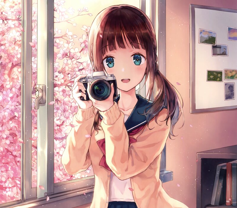 Anime Girl with Camera — Pink, Serene, Spring, Cherry Blossoms