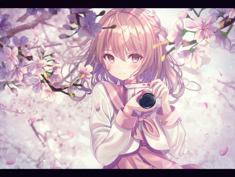 Anime Girl with Camera — Pink, Serene, Spring, Digital Art, Cherry Blossoms, Flowers