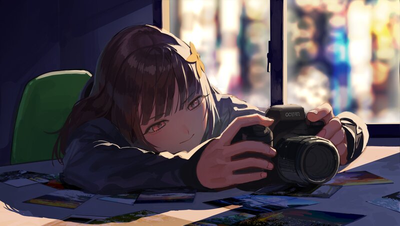 Anime Girl with Camera — Purple, Calm, Afternoon, Digital Art
