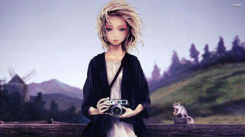 Anime Girl with Camera — Purple, Serene, Afternoon, Digital Art