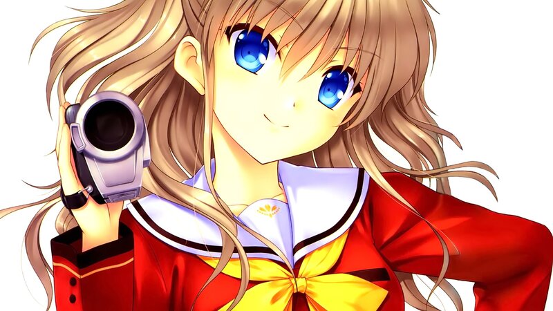 Anime Girl with Camera — Red, Cheerful