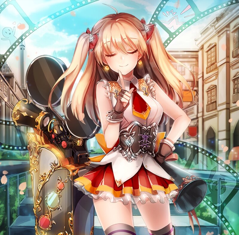 Anime Girl with Camera — Red, Playful, Afternoon
