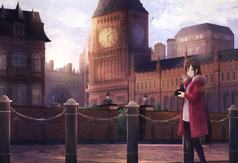 Anime Girl with Camera — Red, Serene, Sunset