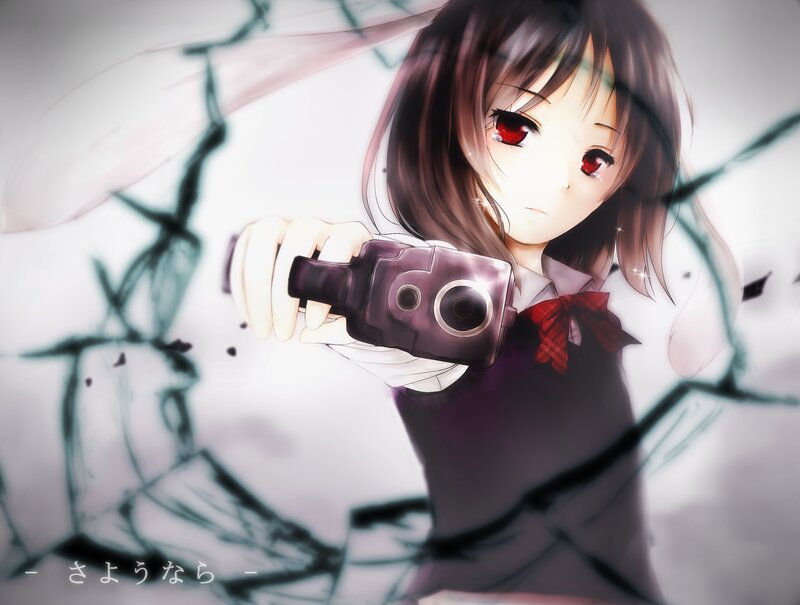 Anime Girl with Camera — White, Dramatic, Digital Art, Red Eyes
