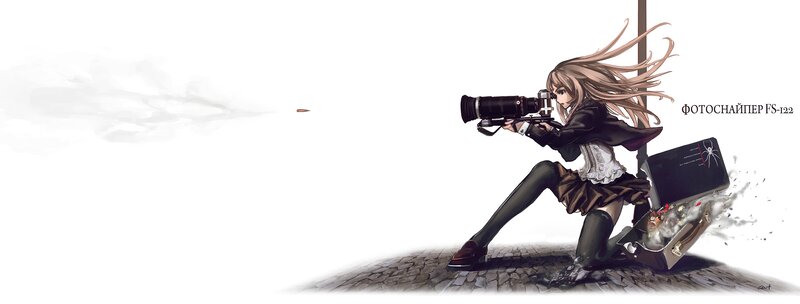 Anime Girl with Camera — White, Dramatic, Digital Art, Suitcase, Bullet