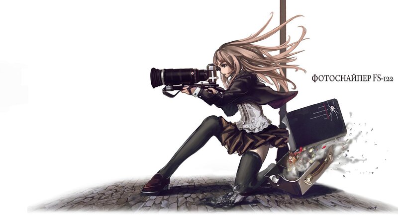 Anime Girl with Camera — White, Dramatic, Digital Art, Suitcase, Cobblestone