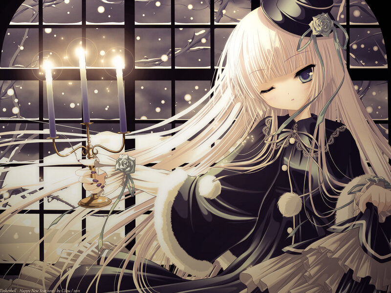 Anime Girl with Candles — Black, Serene