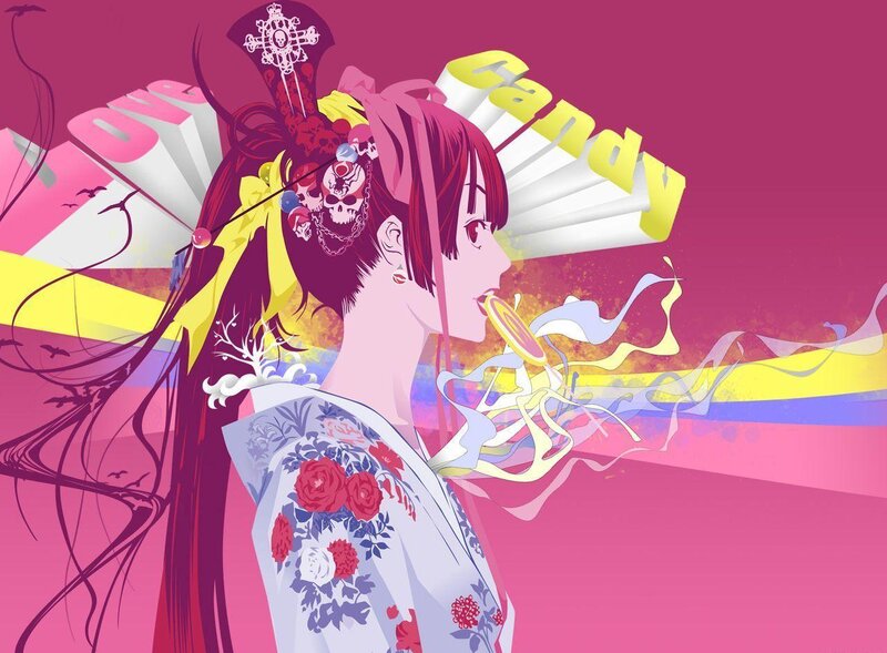 Anime girl with candy and fan