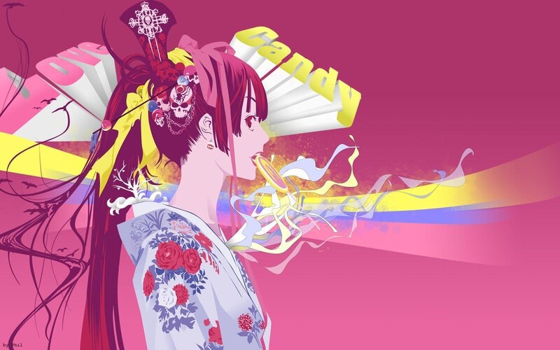 anime girl with candy and fan
