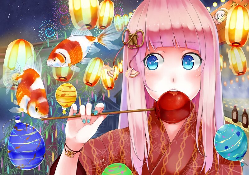 Anime girl with candy and koi fish