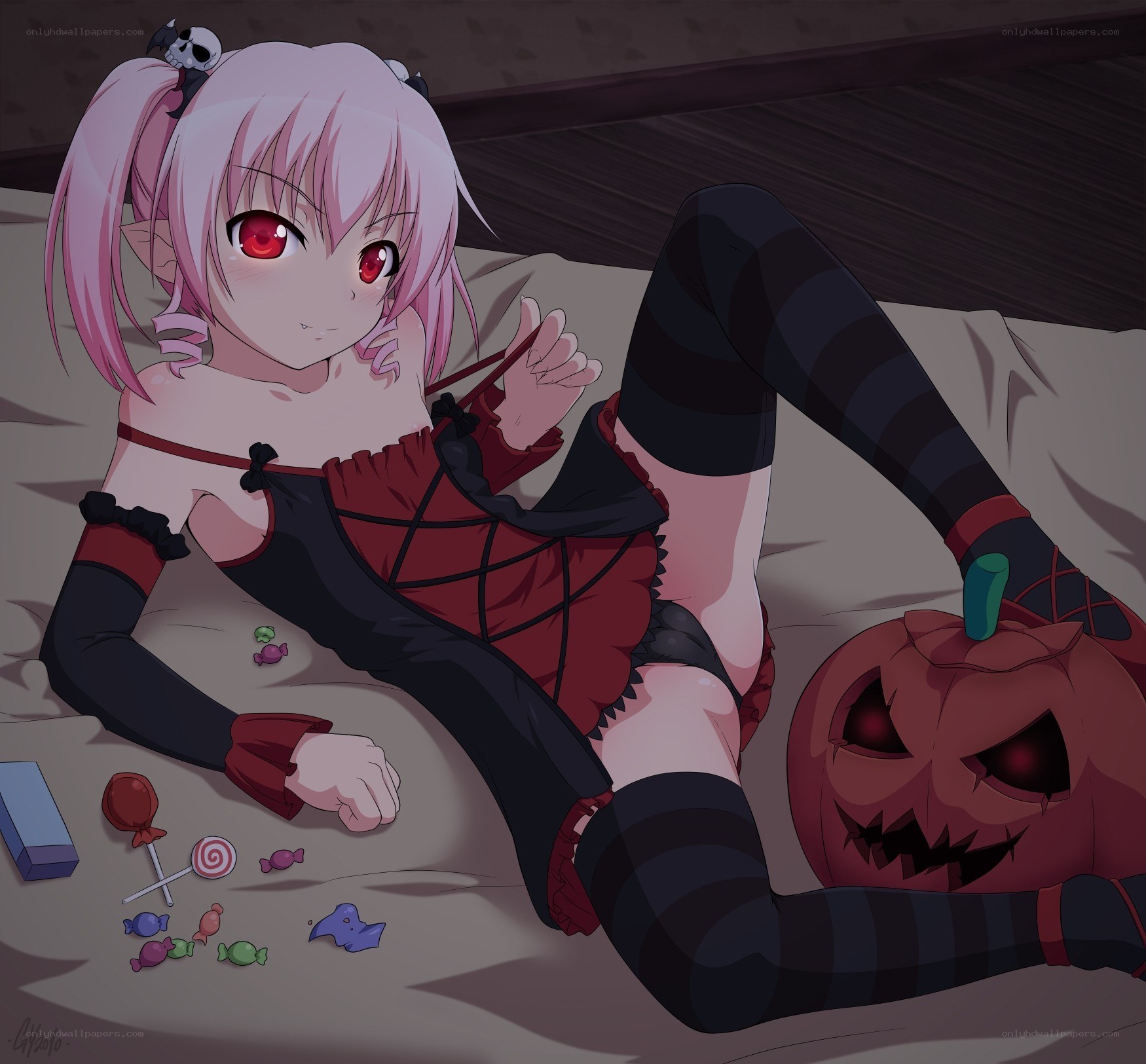 anime girl with candy and pumpkin