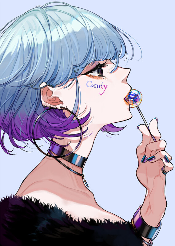 Anime Girl with Candy — Blue, Playful, Digital Art