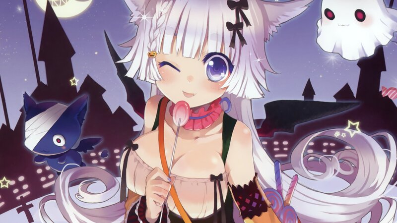 Anime girl with candy in Halloween scene