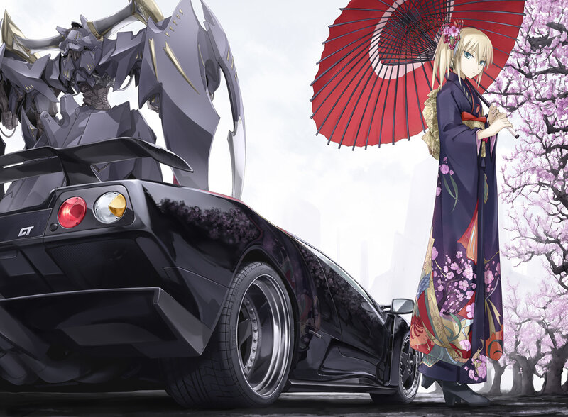 Anime girl with car and mech