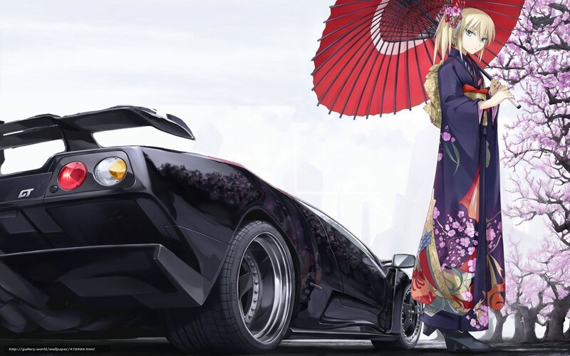 Anime girl with car and umbrella