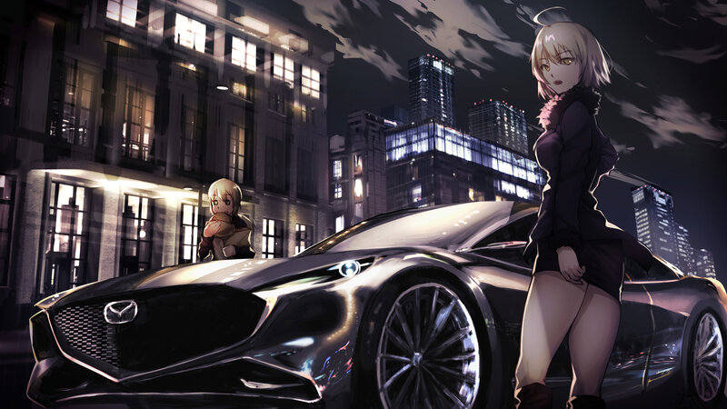 Anime Girl with Car — Black, Dramatic, Night