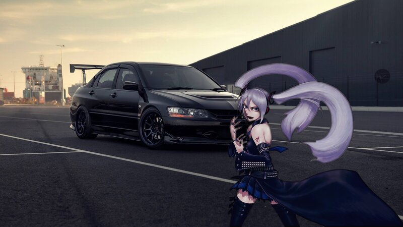 Anime Girl with Car — Black, Dramatic, Sunset