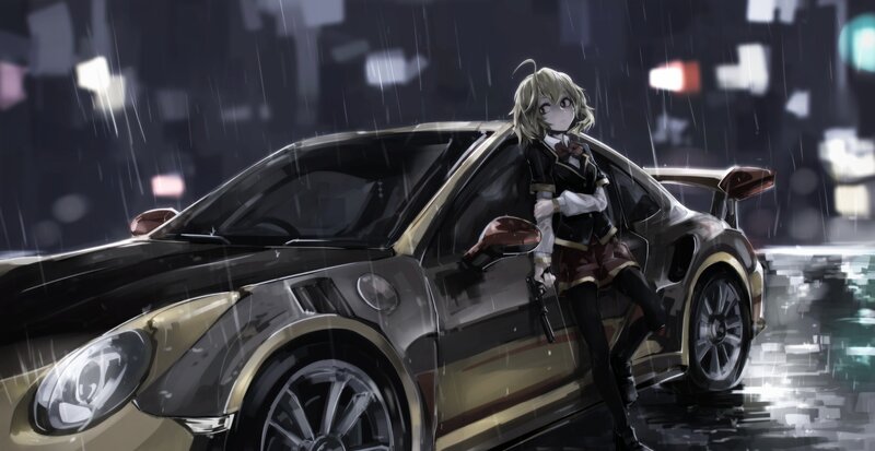 Anime Girl with Car — Black, Dramatic