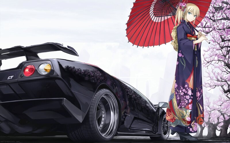 Anime Girl with Car — Black