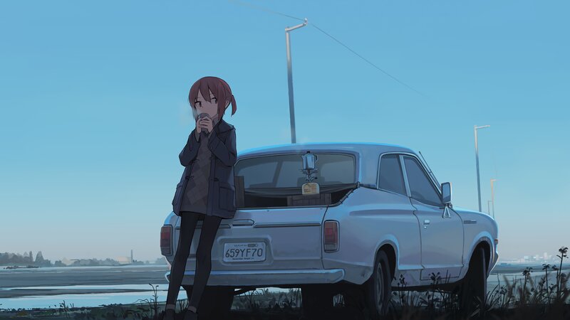 Anime Girl with Car — Blue, Calm