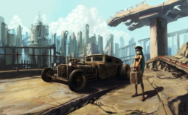 Anime Girl with Car — Blue, Post-apocalyptic