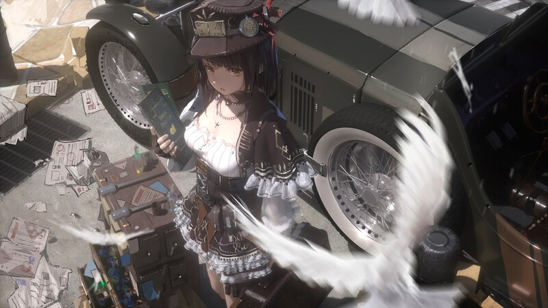 Anime Girl with Car — Brown, Dramatic