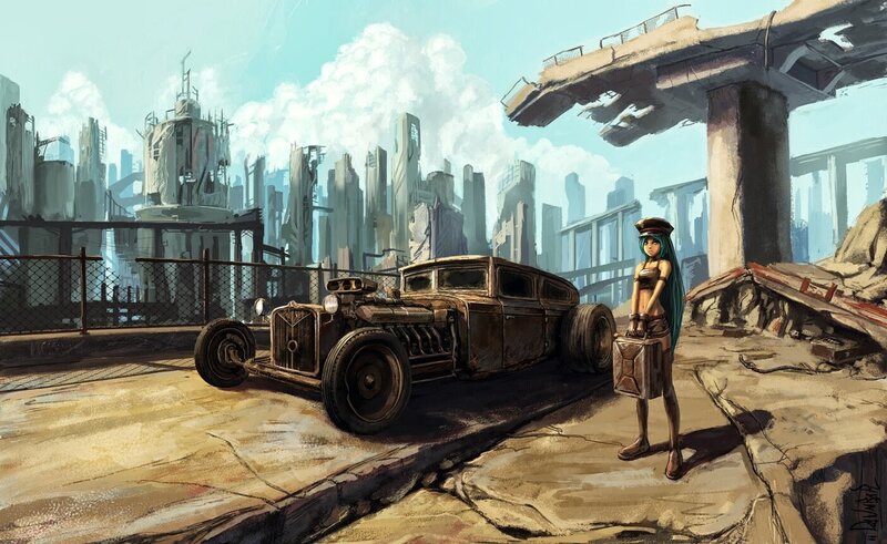 Anime Girl with Car — Brown, Post-apocalyptic